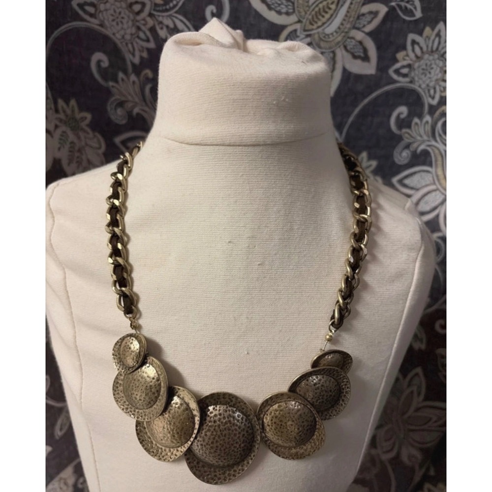 Hammered Brass Disc Statement Necklace Mixed Media Chain Bib
